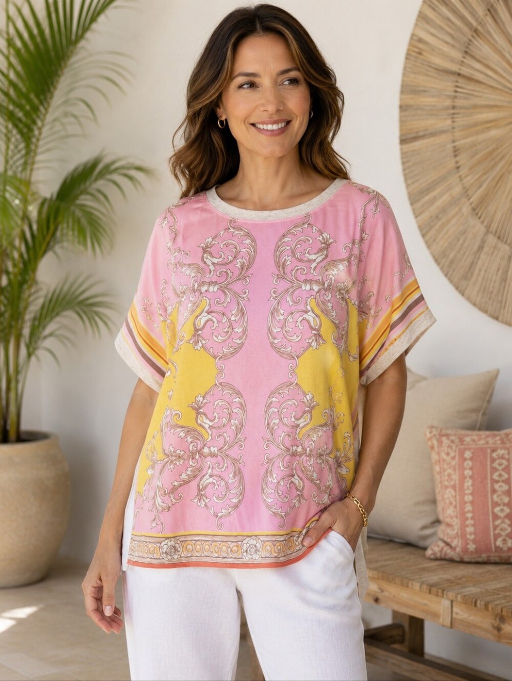 Hale Bob Twill Dolman Top Shirt Blouse Baroque Style Old Money Pink Yellow M